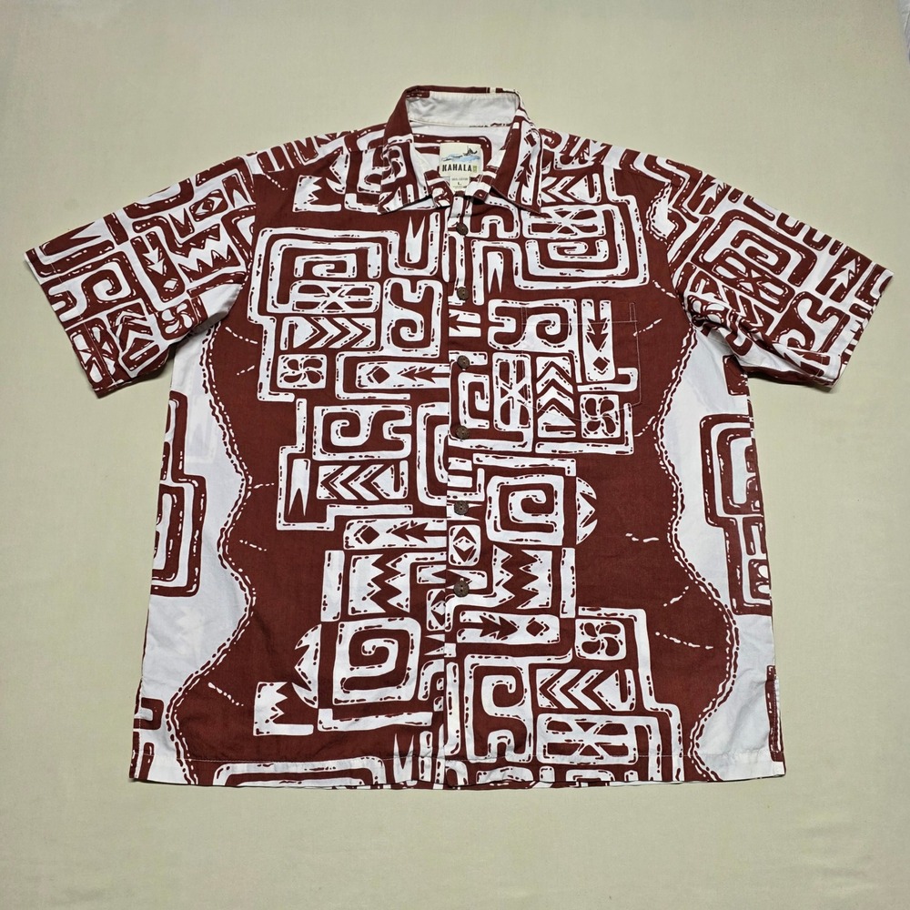Kahala1936 Men Brown White Geometric Tribal Print Aloha Shirt Large Classic Fit